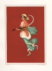 Allegorisches Wandgemälde des Sommers aus dem Osten des Atriums von Regio IX.V.11. Sie trägt eine Sichel und Weizen. Chromolithographie von Victor Steeger nach einer Illustration von Geremia Discanno aus Emile Presuhn (1844-1878) Die schönsten Gemälde von 
