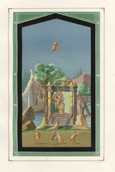 Landschaftsgemälde aus der Exedra im Haus des Vesonius Primus, ein Fuller. Chromolithographie von Victor Steeger nach einer Illustration von Geremia Discanno aus Emile Presuhn (1844-1878) Die schönsten Gemälde von Pompeji, Leipzig