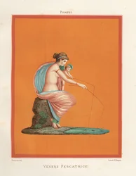 Wandmalerei von Venus und Amor beim Angeln mit Ruten aus einem Teich (Chromolithographie von Victor Steeger nach einer Illustration von Geremia Discanno aus Emile Presuhn 