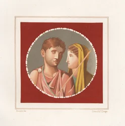 Porträt eines Mannes und einer Frau aus einem nicht identifizierten Haus in Pompeji, Chromolithographie von Victor Steeger nach einer Illustration von Geremia Discanno aus Emile Presuhn 