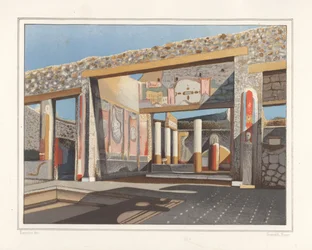 Ansicht des Tablinums, ein Raum neben dem Atrium, im Haus des Bankiers Lucius Caecilis Iucundus, Reg V, Ins 1, 26. Chromolithographie von Victor Steeger nach einer Illustration von Geremia Discanno aus Emile Presuhn