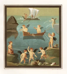 Wandmalerei von spielenden, fischenden, segelnden Cupidos aus einem Cubiculum im Haus des Restaurants (Casa di Lupanare Piccolo) bei 14, Regio IX, Insula V. Chromolithographie von J.G. Bach nach einer Illustration von Geremia Discanno aus Emile Presuhn (18