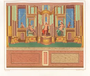 Wandmalerei, die Bacchus, Venus und Apollo zeigt, aus einem abgelegenen Sitzbereich in einer Ecke eines Gartens im Domus M. Herenulli Communis oder Haus des Apollo, Reg. VI, Ins. VII, Nr. 23. Chromolithografie von Victor Steeger nach einer Illustration von