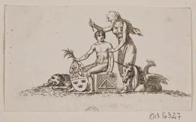 Vignette mit Frau, sitzendem jungen Mann und Einhorn