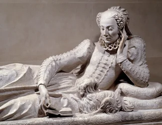 Grabdenkmal: Grabmal mit dem Liegebild von Jeanne Valentine Balbiani (1518-1572), Ehefrau des Kardinals René de Birague (1506-1583), Kanzler von Frankreich. Detail. Marmorskulptur, um 1573. Paris, Louvre