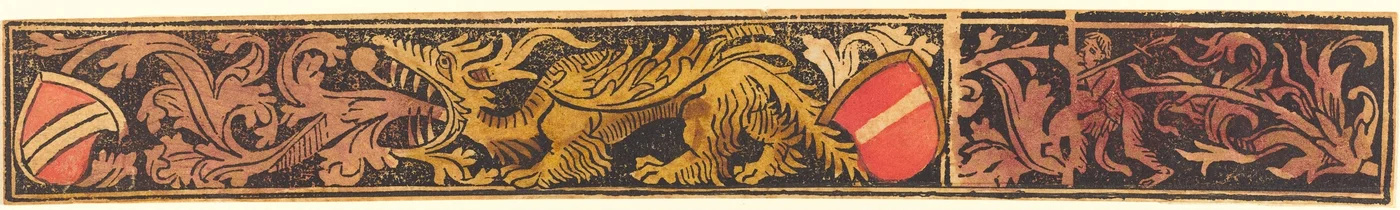 Grotesker Streifen mit Drache, Schilden und wilden Männern