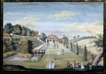 Ein formaler Wassergarten mit Terrassen, Wasserparterres und paradierenden Figuren, ca. 1730