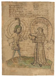Ein Franziskaner und ein junger Mann, Illustration auf einem Blatt aus Das Spiegelbuch, in Mittelhochdeutsch, Ostschwaben, wahrscheinlich Augsburg, um 1470er