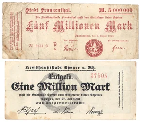 Eine Fünf-Millionen- und Eine-Million-Mark-Banknoten, 1923