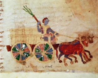 Ein Bauer auf einem Miniaturwagen aus dem Manuskript „De Universo“ (oder De rerum naturis (Von der Natur der Dinge)) (cod. 132) von Rabanus Maurus Magnentius (oder Raban Maur oder Rabano Mauro) (ca. 780-856)