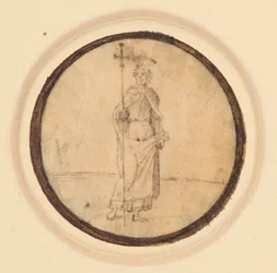 Ein Rundbild, das Christus mit einem langen, am Hals befestigten Umhang und einem Prozessionskreuz zeigt