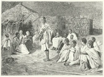 Ein reisender Minnesänger und sein Publikum in Abessinien (Stich)