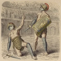 Ein verwundeter römischer Gladiator bittet die Menge um sein Leben