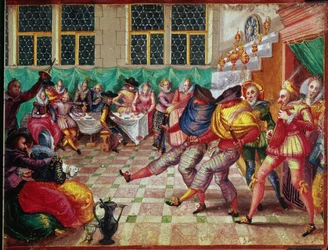Reisende Schauspieler kommen zu einem Herrenhaus, um ihre Aufführung zu präsentieren, aus dem Album Amicorum, von Moyses Walens, Köln