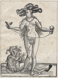 Allegorie des Wahnsinns (Die Frau und der Narr) Deutsche Gravur des 16. Jahrhunderts