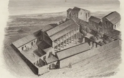 Antike griechische Häuser in Moudleja, Syrien. Illustration für Bilder-Atlas (Stich)
