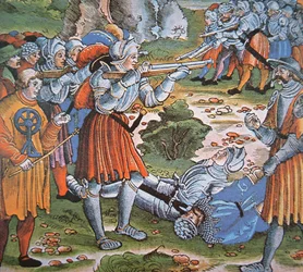 Gepanzerte Soldaten, die eine Luntenschloss-Arquebuse abfeuern, Ende des 15. Jahrhunderts