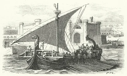 Ankunft eines phönizischen Handelsschiffs in einem Hafen (Stich)