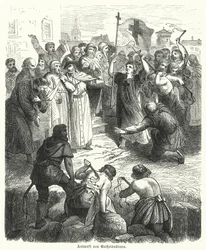 Ankunft einer Prozession von Geißlern (Gravur)