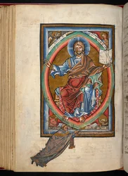 Christus sitzt in Majestät auf einem Thron innerhalb einer Mandorla, umgeben von den vier Symbolen der Evangelisten, aus 