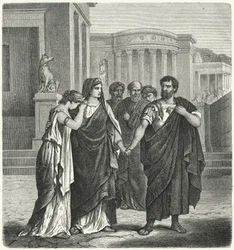 Atilius Regulus bereitet sich darauf vor, Rom zu verlassen, um nach Karthago in die Gefangenschaft zurückzukehren (Gravur)