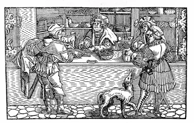 Wechselstube und Tauschhandel. Deutsche Xylographie des 16. Jahrhunderts