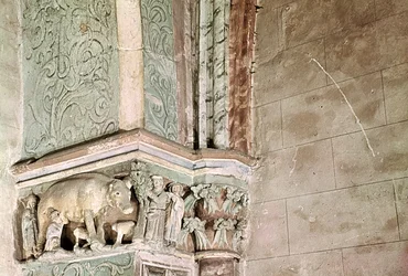 Kapital, das die Judensau darstellt, um 1301-25