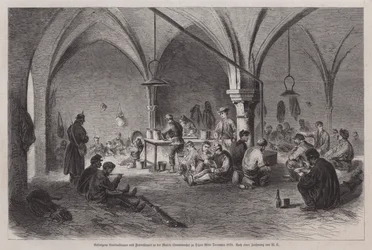 Gefangene Garibaldianer und französische Freischärler im Rathaus von Dijon, Frankreich, Deutsch-Französischer Krieg, Mitte Dezember 1870 (Stich)