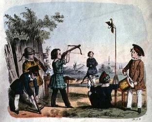 Kinder schießen auf ein Ziel mit einer Arkebuse, ca. 1860