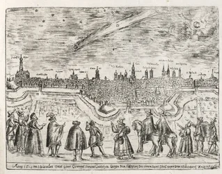 Komet über Augsburg Ende November 1618, aus Cometen Historia, veröffentlicht 1618