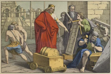 Bau des Tempels von Jerusalem, Illustration aus dem Alten Testament, veröffentlicht von Jakob Ferdinand Schreiber, Esslingen (Farbstich)