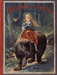 Titelblatt von Franz Hoffmanns Märchen „Märchen und Fabeln: Von Prinzessin Sternröschen“: Ein Mädchen auf einem Bären. Chromolithographie des 19. Jahrhunderts.