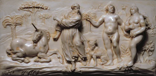 Detail einer Plakette aus einem süddeutschen Kunstkabinett, Darstellung von Adam und Eva