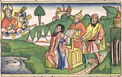 Deuteronomium: Frontispiz, in dem Gott die Gesetze macht, aus der Nürnberger Bibel (Biblia Sacra Germanaica)