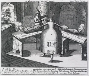 Destillation von Salpetersäure (Aqua fortis oder Scheidewasser) in einem Eisenmann mit zwei Nasen
