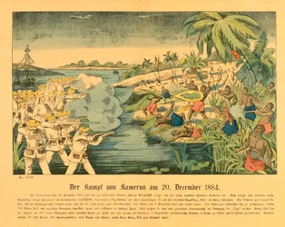 Duala-Aufstand in Deutsch-Kamerun, mit der SMS Olga im Hintergrund, 20. Dezember 1884