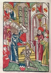 Kaiser Sigismund (1367-1437) von Luxemburg schlägt einen Ritter zum Ritter