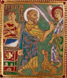Emailtafel mit dem Propheten Abraham und der Opferung Isaaks. Rheinische Schule. 12. Jahrhundert. Florenz, Museo Nazionale del Bargello