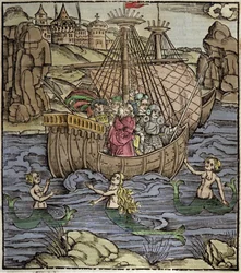 Eneide von Virgil (70 v. Chr.-19 v. Chr.), die trojanischen Helden Aeneas und seine Gefährten überqueren ein Meer voller Sirenen. Xylographie von Sebastian Brant (1458-1521). Straßburg