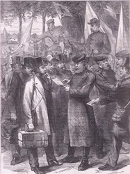 Englische Bewohner verlassen Paris, Cassells Geschichte des Krieges zwischen Frankreich und Deutschland, veröffentlicht von Cassell and Company Limited, ca. 1890 (Lithografie)