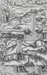 Gravur aus De re metallica (Über die Natur der Metalle), von Georg Pawer oder Georgius Agricola, veröffentlicht in Basel