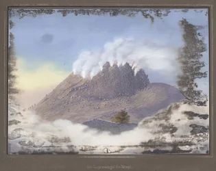 Ausbruch am Merapi Vulkan mit Blick auf das Ostende des Kraters, November 1836, Pl.VI aus Topographischer und Naturwissenschaftlicher Atlas zur Reise durch Java, von Dr. Fr. Junghuhn, Magdeburg