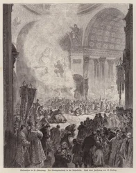 Abendgottesdienst in der Kasaner Kathedrale, St. Petersburg, Russland, zu Weihnachten (Stich)