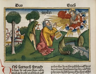 Exodus 34:1-10 Mose erhält die zweiten Tafeln mit den Zehn Geboten, aus der Nürnberger Bibel (Biblia Sacra Germanaica)