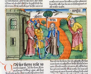 Exodus 7, 8-25: Aarons Stab in Gestalt einer Schlange verschlingt die Schlangen der Weisen und Zauberer des Pharaos, und Moses verwandelt das Wasser des Nils in Blut, aus der Nürnberger Bibel (Biblia Sacra)