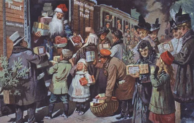 Weihnachtsmann lädt Pakete mit Geschenken auf einen Zug für deutsche Truppen an der Front, Erster Weltkrieg