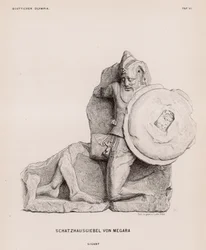 Figur eines Riesen vom Giebel des Schatzhauses von Megara, Olympia, Griechenland (Gravur)