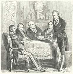 Friedrich Wilhelm III. von Preußen im Gespräch mit seinem Premierminister Karl August von Hardenberg und Klemens von Metternich, dem österreichischen Außenminister (Stich)