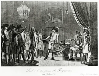 Friedrich der Große nimmt seinen Schwager Friedrich, Markgraf von Brandenburg-Bayreuth, 1740 in Berlin als Freimaurer auf