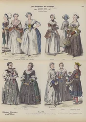Französische und deutsche bürgerliche Frauenkostüme, spätes 18. Jahrhundert (farbige Gravur)